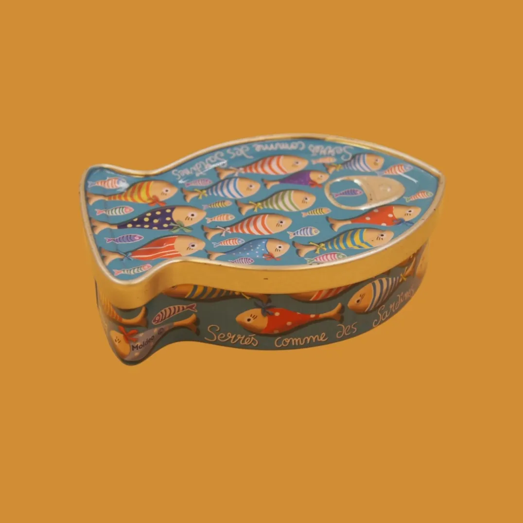 Colorful fish shaped tin box closed view
