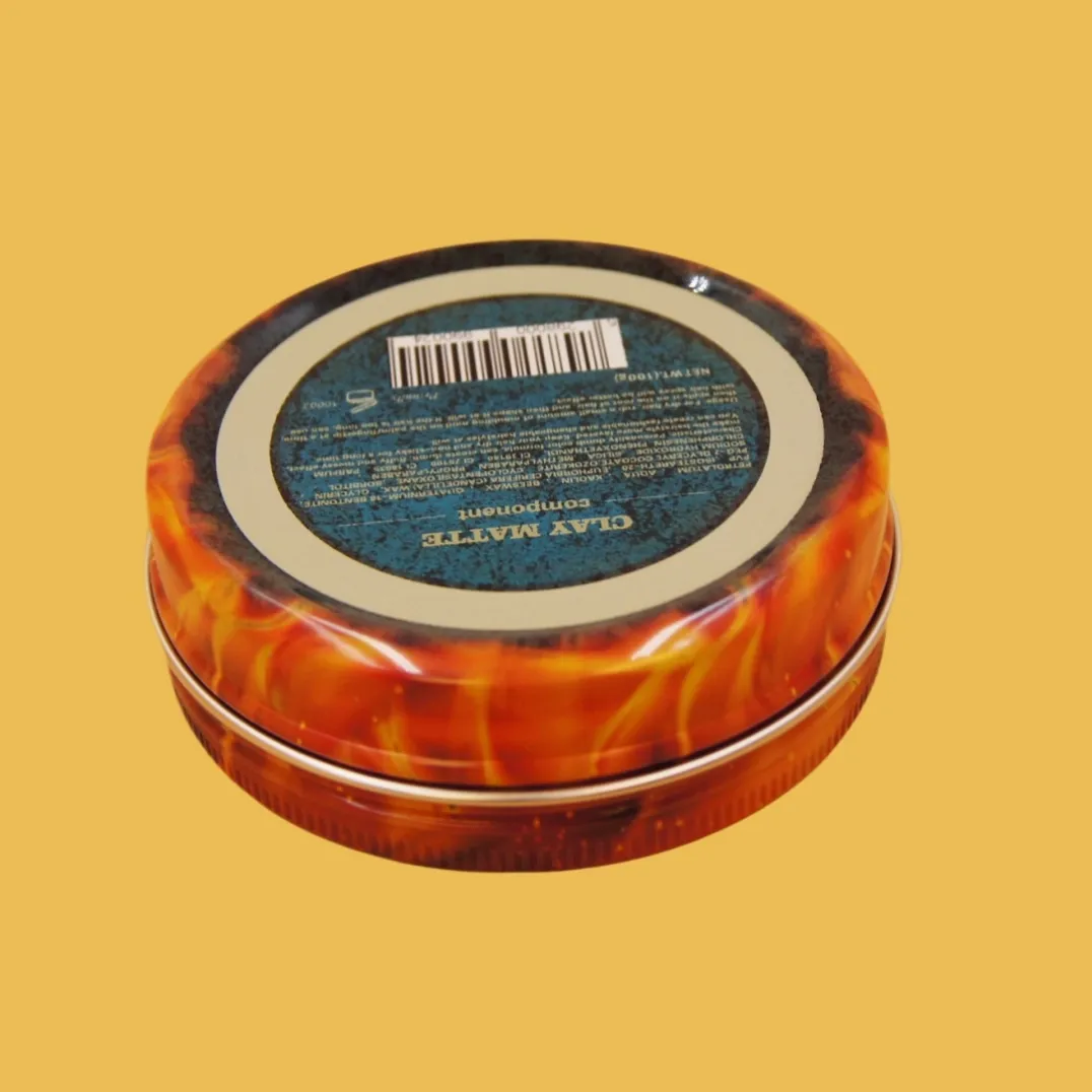 round black and red printed tin box back view with barcode label and custom side printing