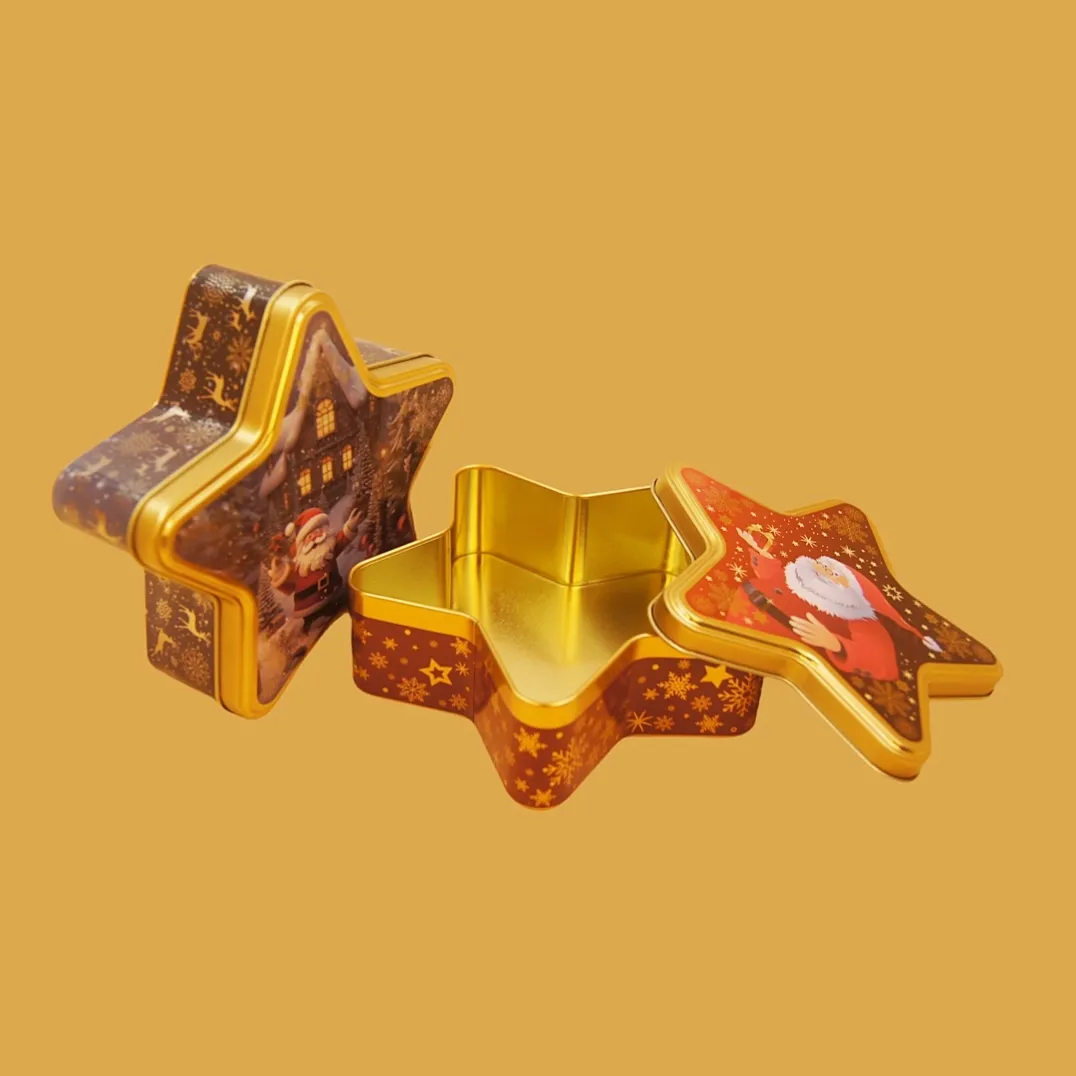 star shaped holiday tin boxes set with printed artwork and removable lids for seasonal gifts
