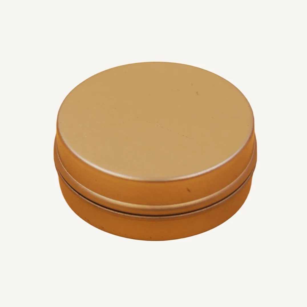 Round gold biscuit tin box flat lid view