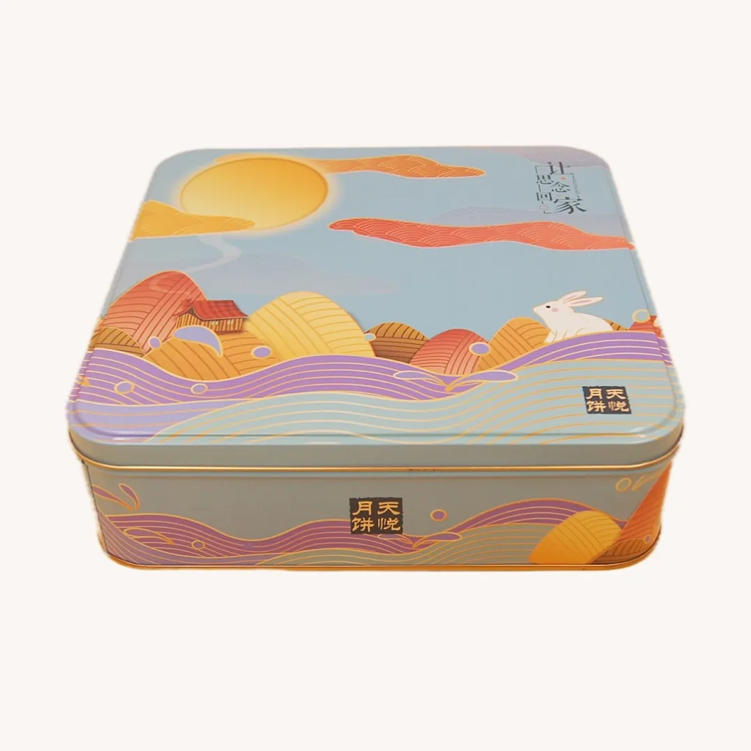 Colorful square mooncake tin box with mountain artwork