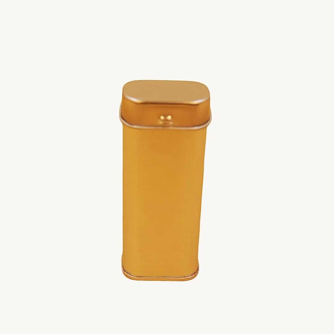 Tall rectangular gold tin box front view