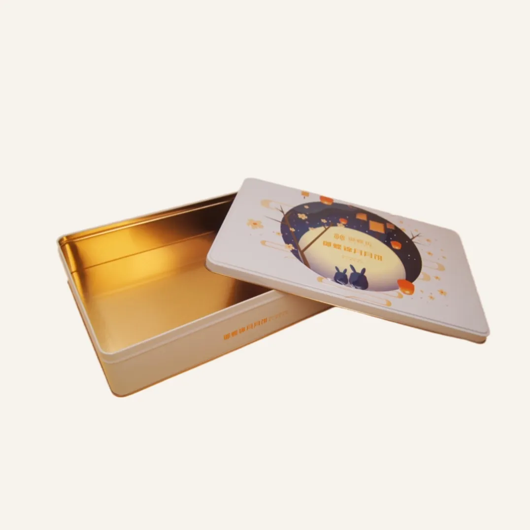 Open cream rectangular mooncake gift tin box with gold interior