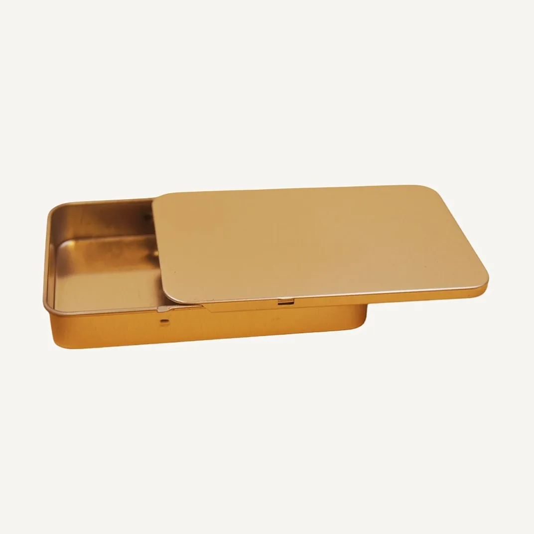 Open flat rectangular gold tin box with lid