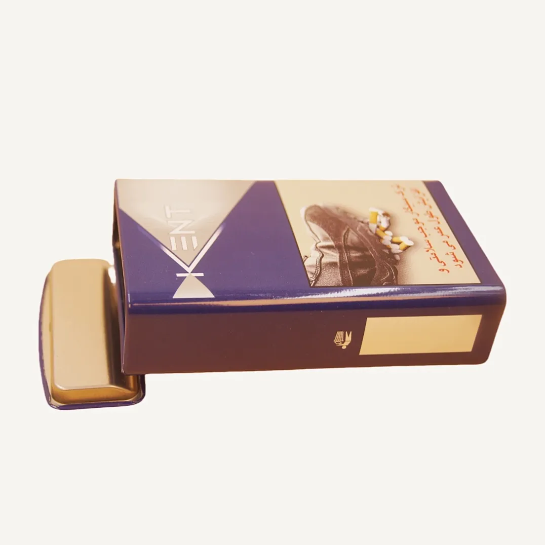 Purple and gold rectangular tin box with open drawer