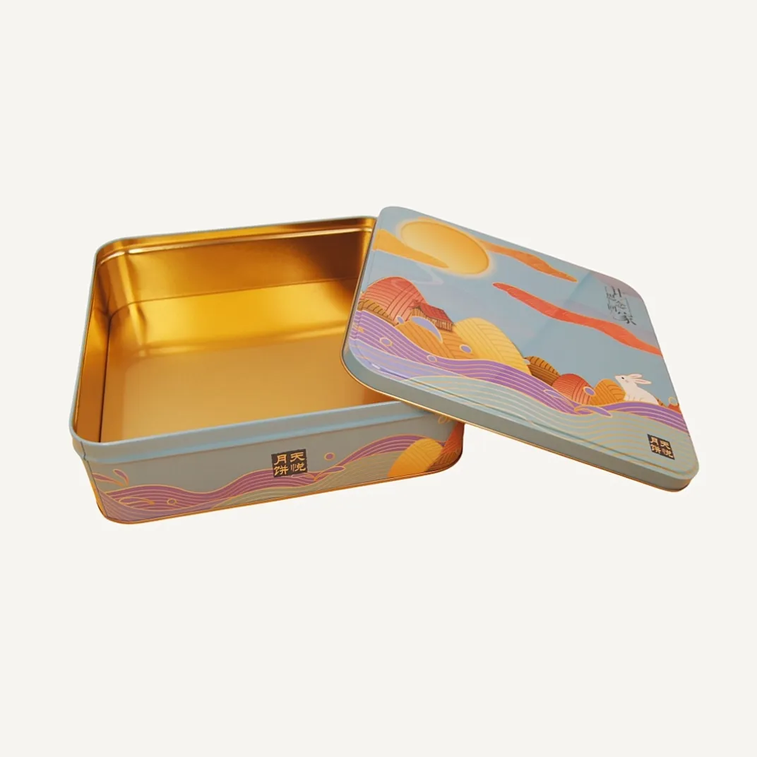 Open colorful square mooncake tin box with gold interior