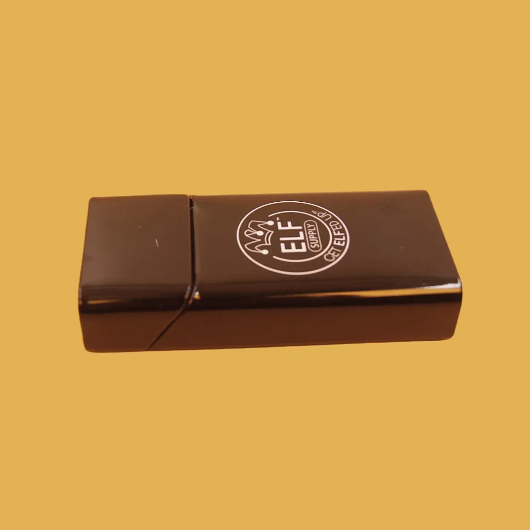 Brown slim rectangular tin box closed view