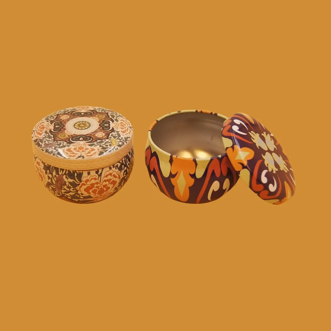 Round printed candy tin boxes open lid view