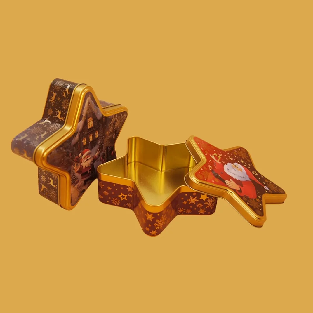 star shaped printed tin boxes with open gold interior for candy, cookies or holiday gift packaging