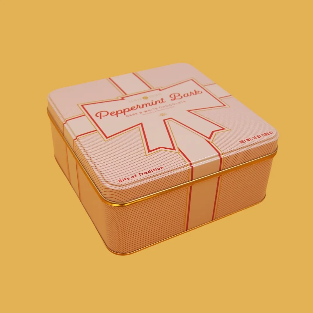pink gift box shaped tin box with ribbon style printed design for candy or seasonal gifts
