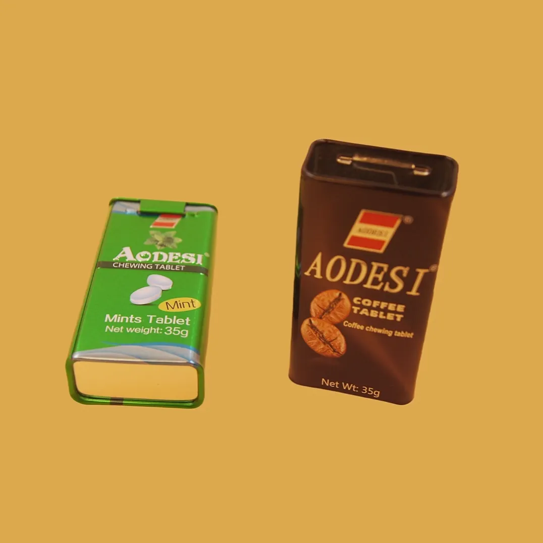 green and brown rectangular promotional tin boxes set for candy, mints, tea samples or custom brand packaging
