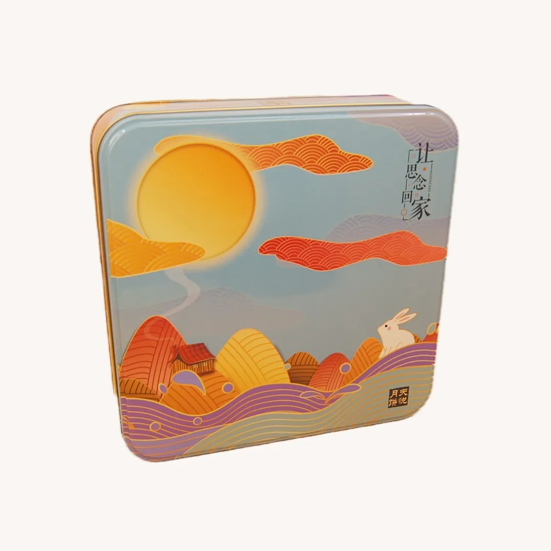 Square mooncake tin box side view with orange mountain design