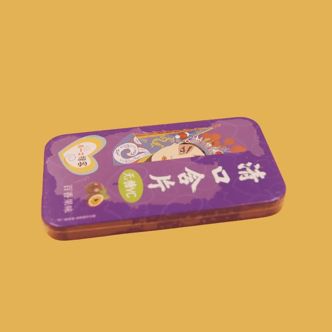 Purple rectangular candy tin box front view
