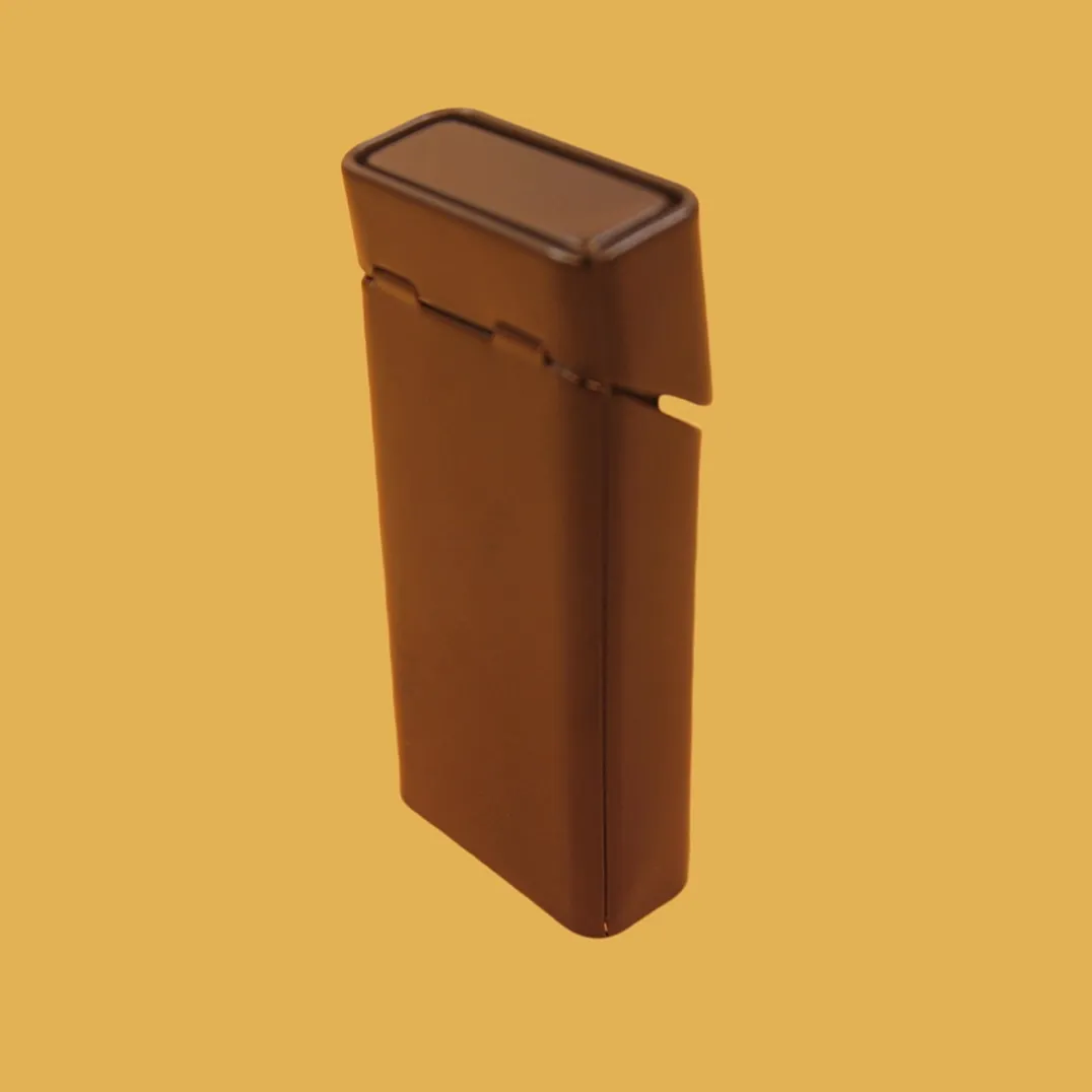 Tall brown hinged tin box front view