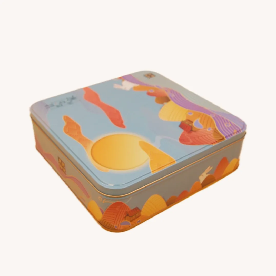 Colorful square mooncake gift tin box angled view
