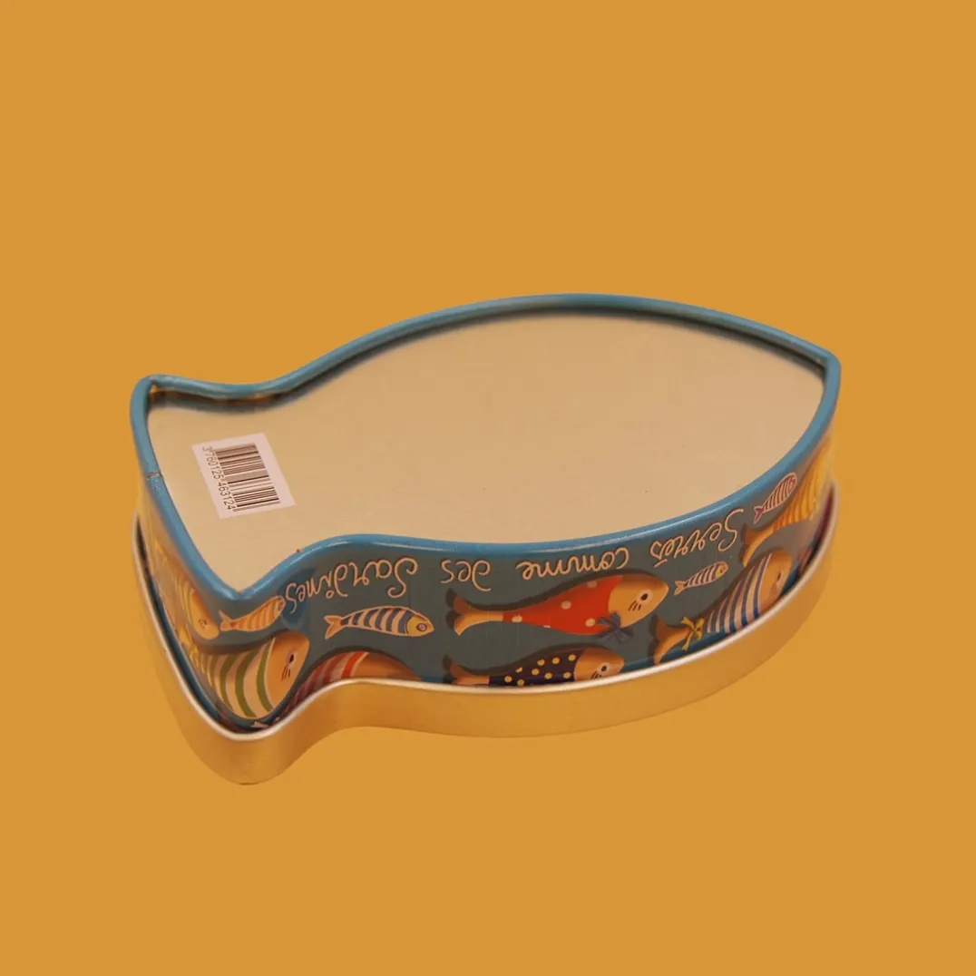 Colorful fish shaped tin box side view