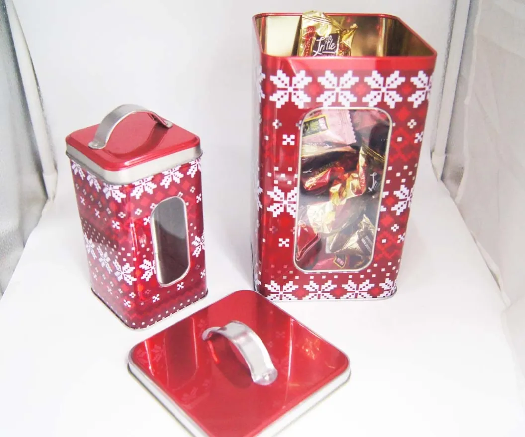 square tin box with window for candies
