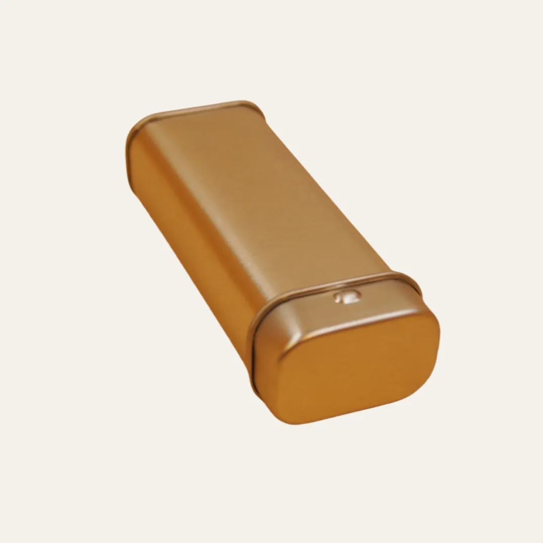 Gold cylindrical tin box side view