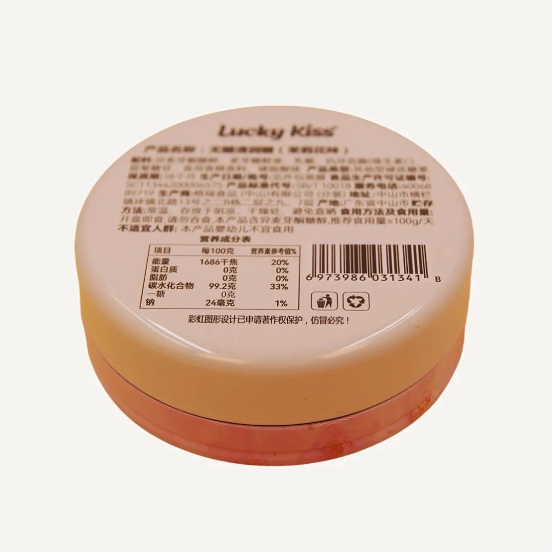 Round pink candy tin box back label view