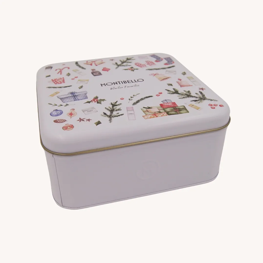 Pastel square Christmas gift tin box with printed lid