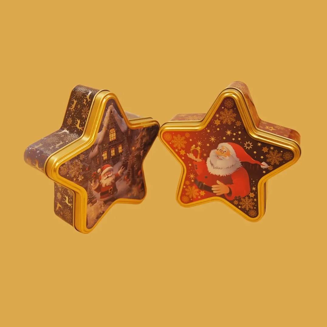 star shaped printed tin boxes set for holiday candy, chocolate, cookies or promotional gifts