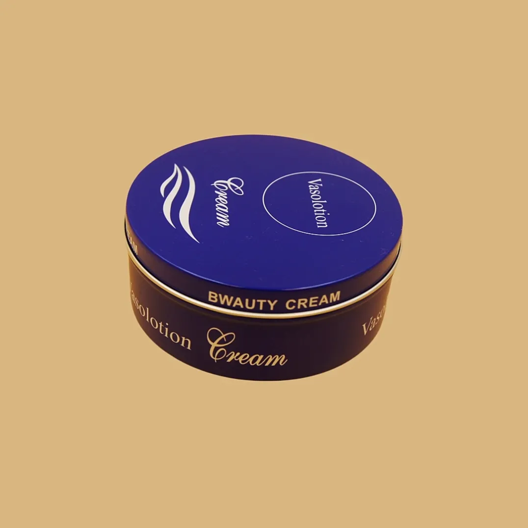 round blue cookie tin box with custom printed lid and side artwork for biscuits or sweets