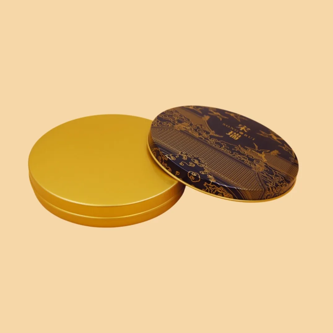round dark purple tin box with gold lid and printed artwork for premium gift packaging