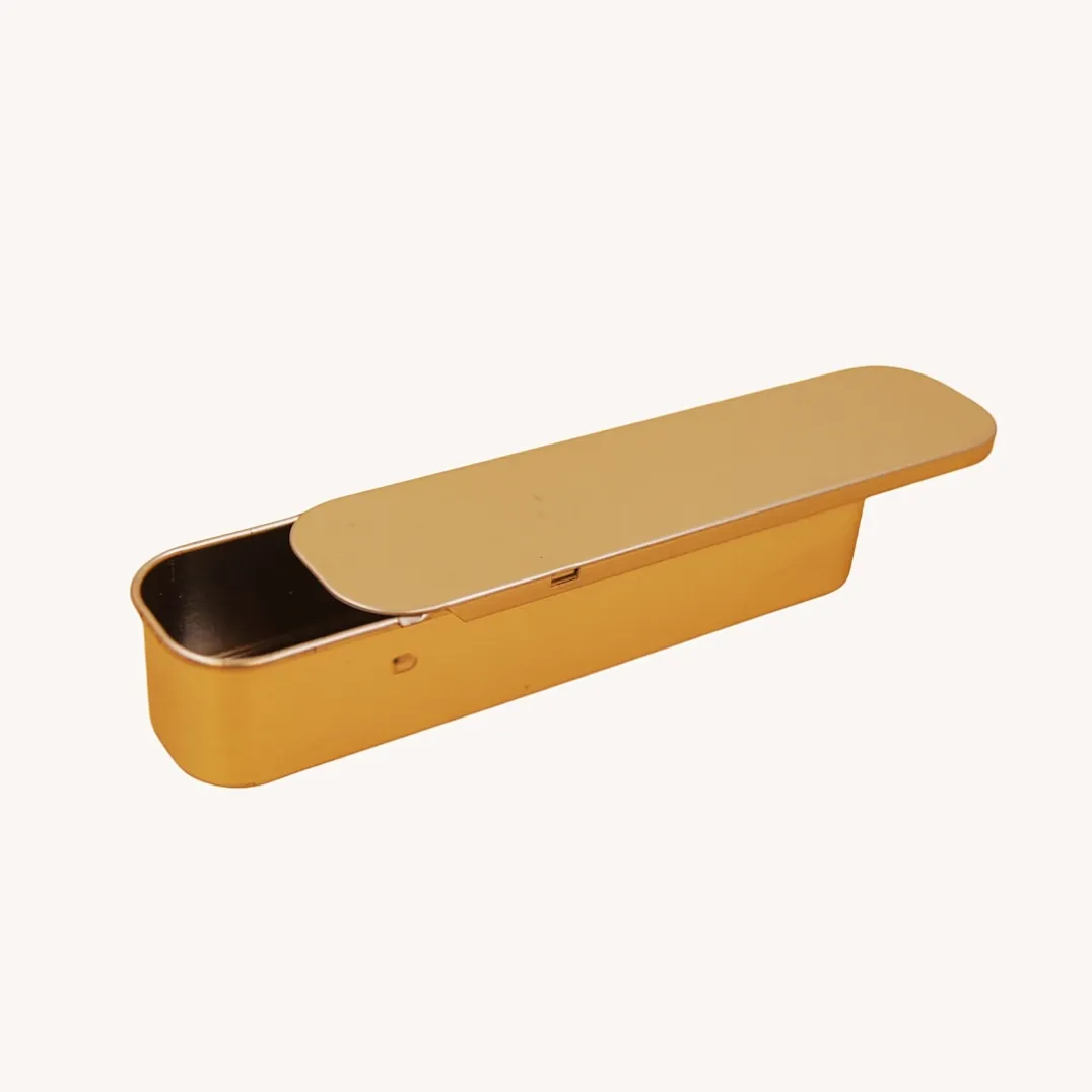Open long narrow gold tin box with hinged lid