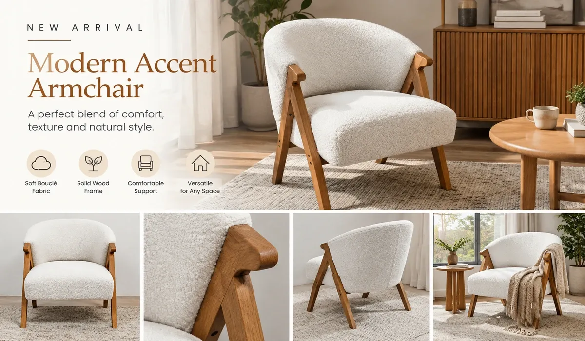 Modern white bouclé upholstered armchair with natural wooden frame and curved backrest