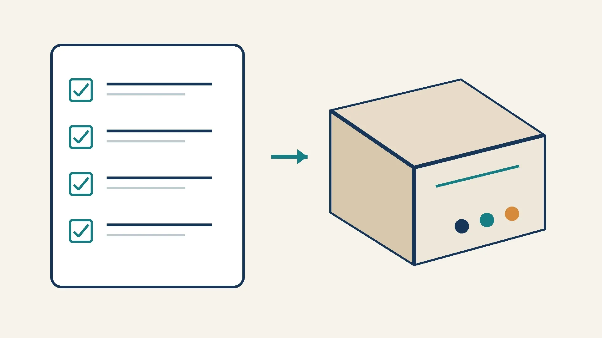 Editorial illustration of a product checklist beside a blank packaging box; not a product photograph.
