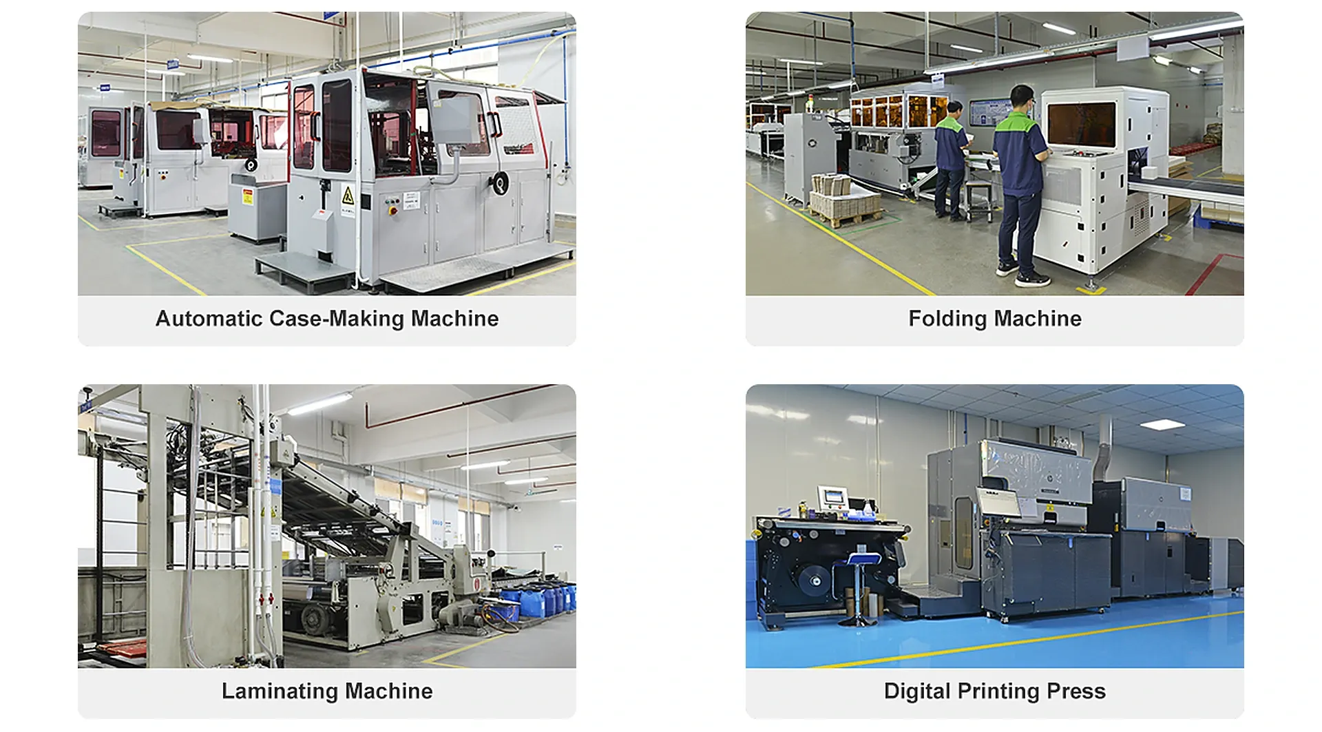 Automatic case-making, folding, laminating and digital printing machines in a 2x2 layout