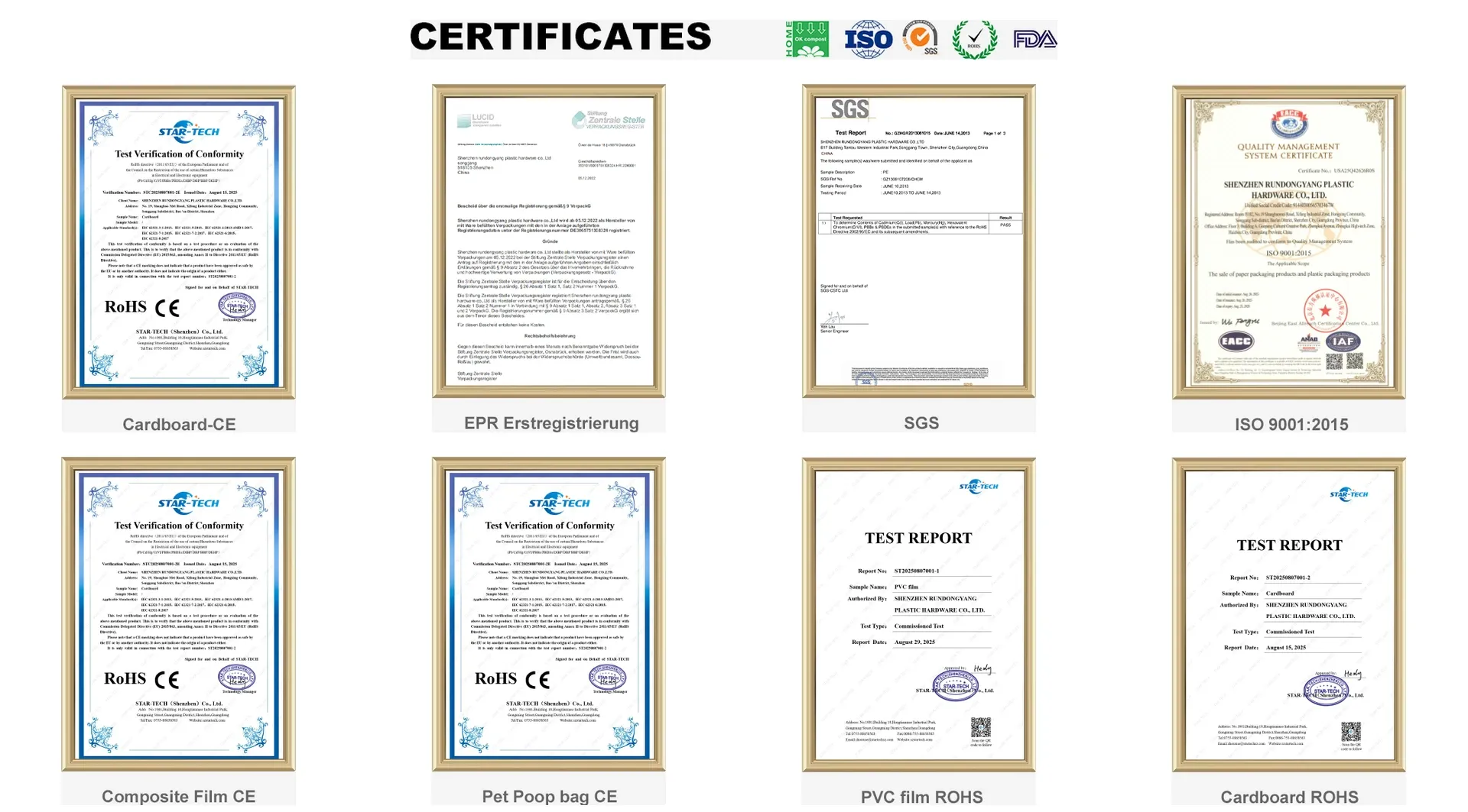 Certifications and test reports including ISO 9001:2015, RoHS, CE and SGS