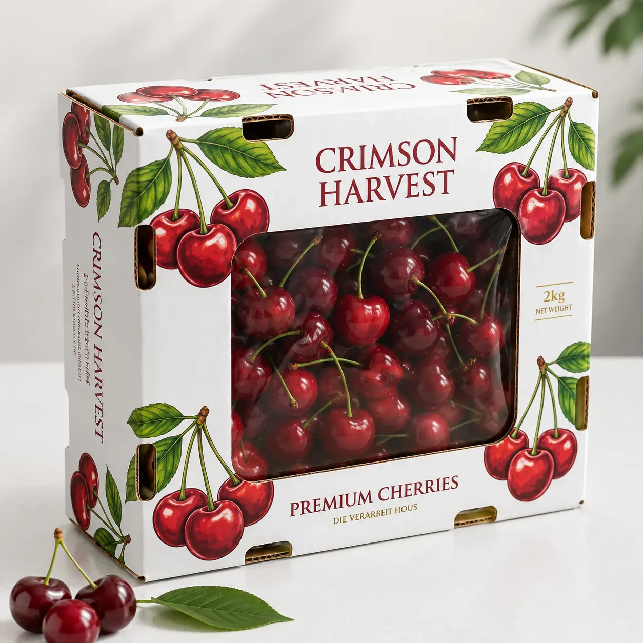 Cherry packaging tray with clear PET window