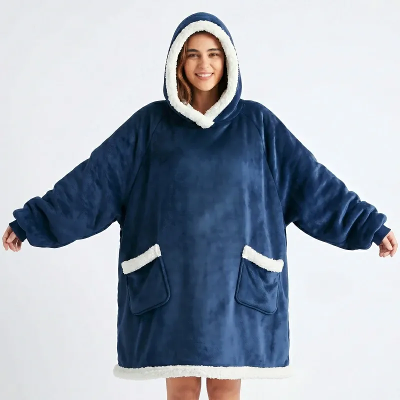 navy wearable blanket hoodie with two pockets