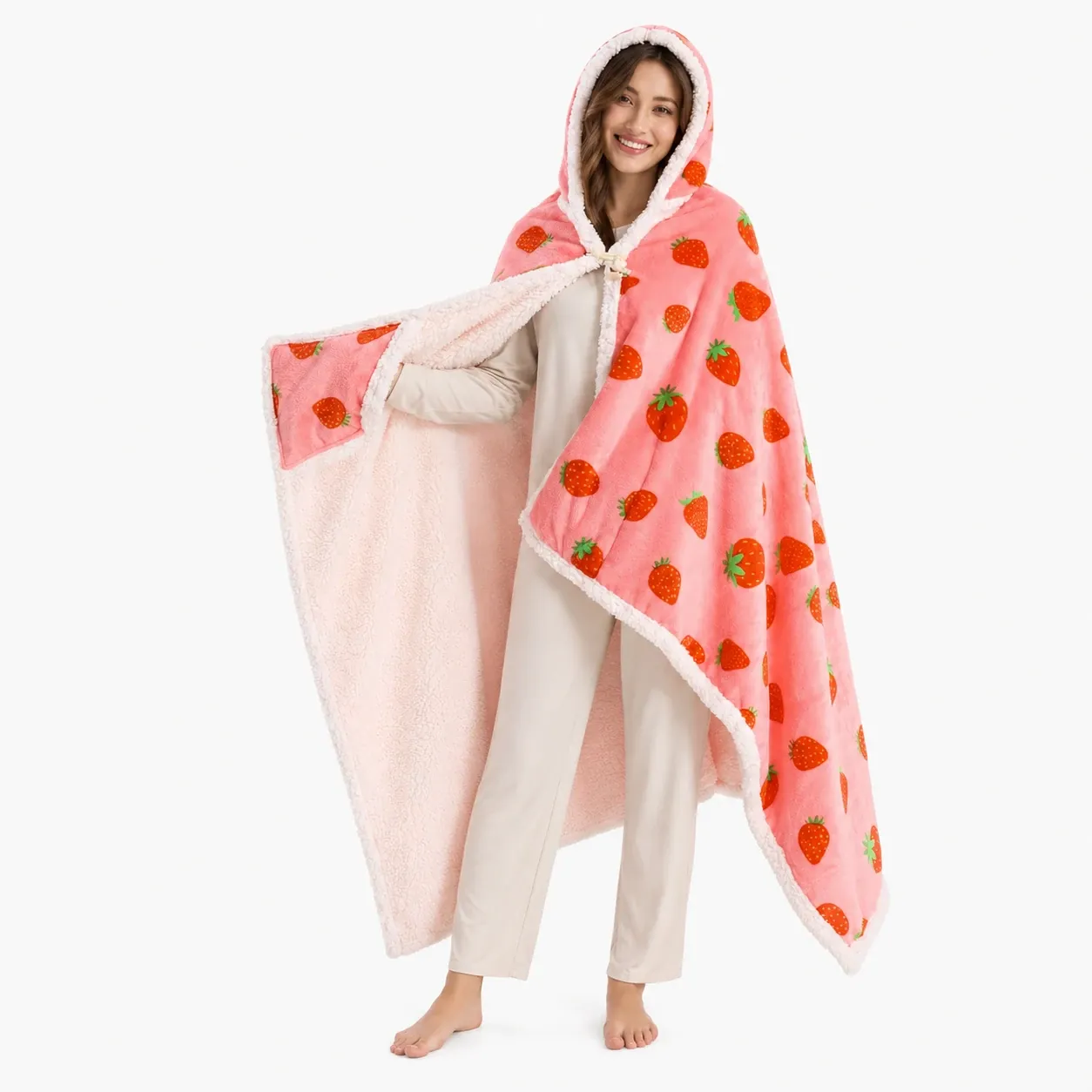 printed strawberry hooded warm blanket