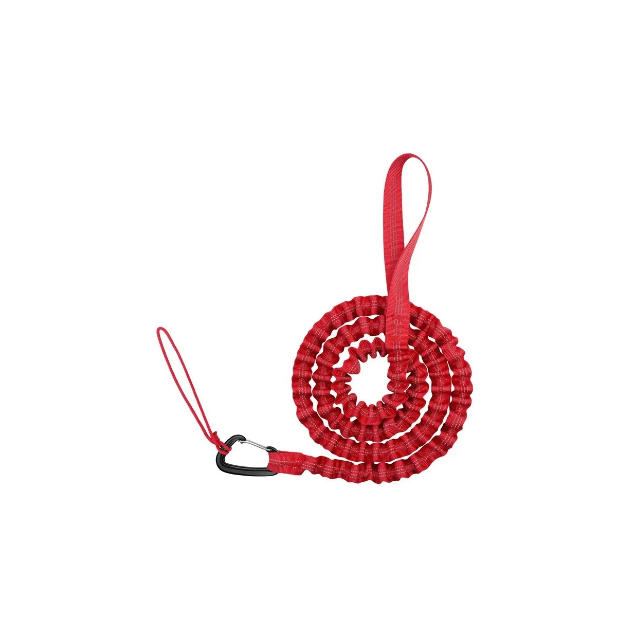 Red bicycle tow rope coiled with carabiner