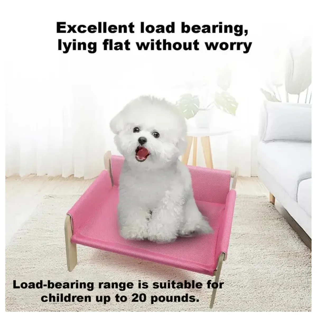 Pink raised pet bed with a wooden frame