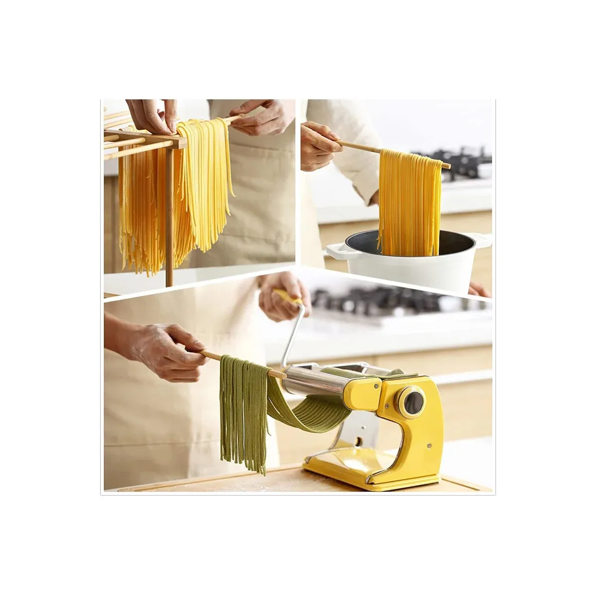Wooden pasta drying rack in use beside a pasta machine