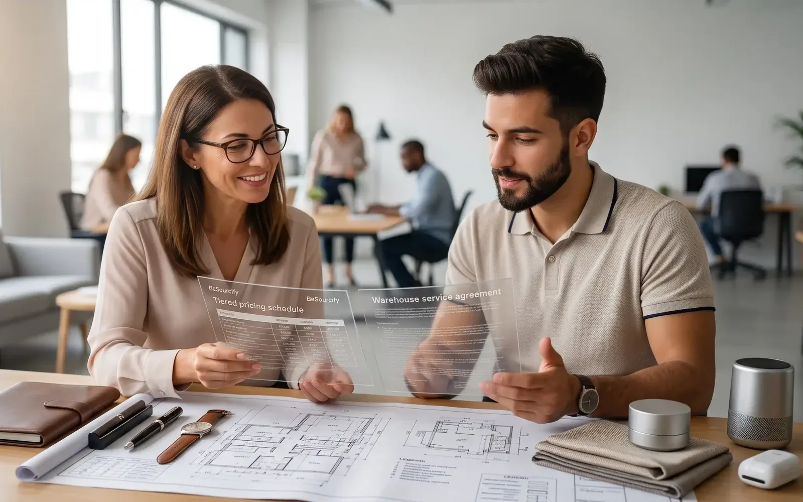 Buyers comparing a sourcing quote with a warehouse service agreement