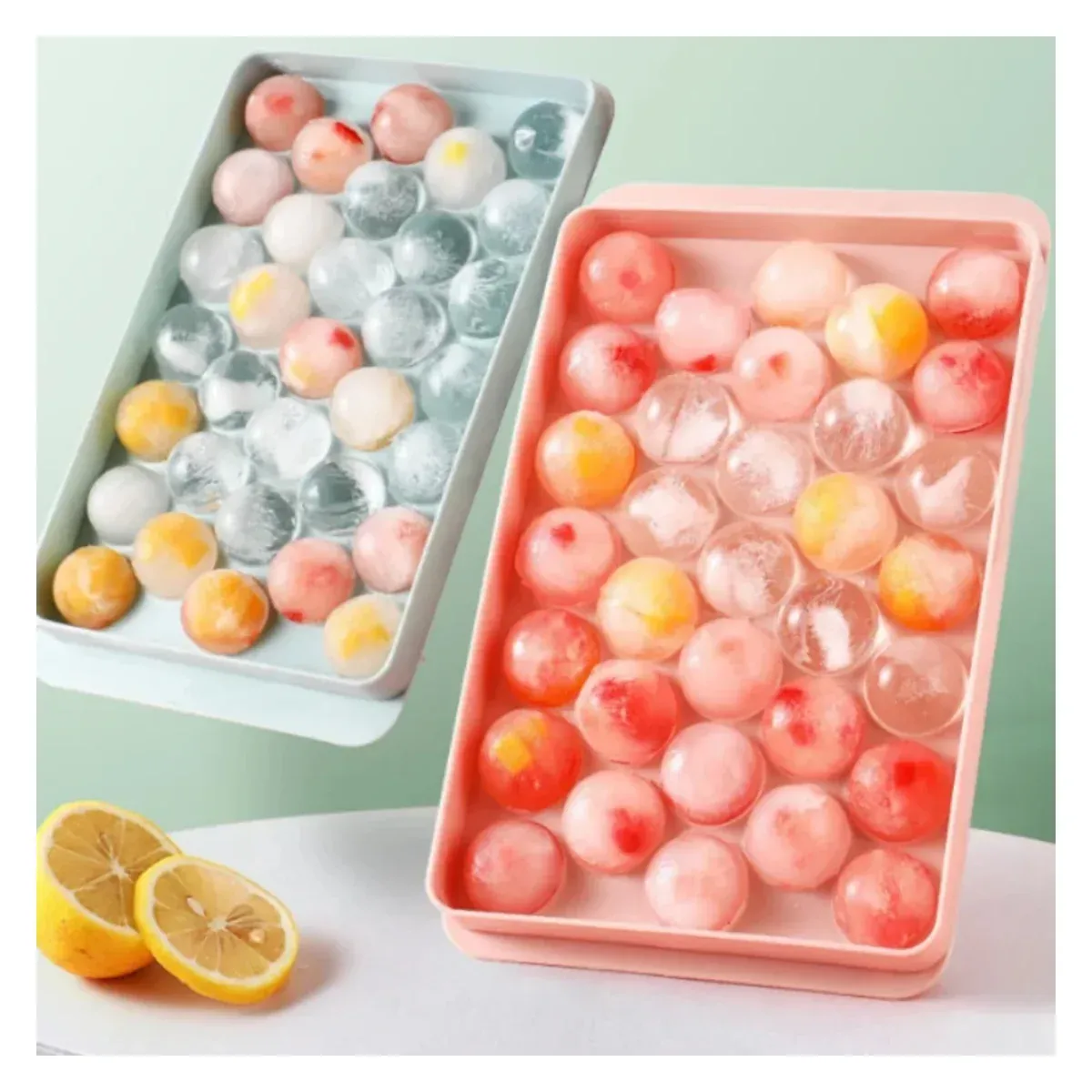 Ice ball tray filled with fruit and ice