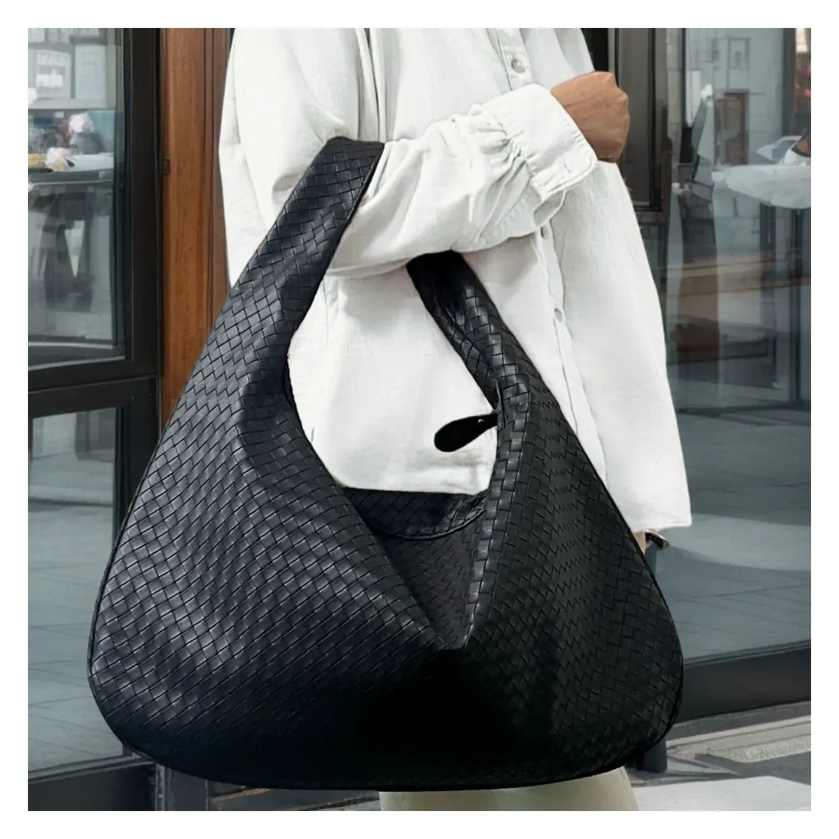 Woven Handbag — PU Shoulder Bag with Zip Top - main