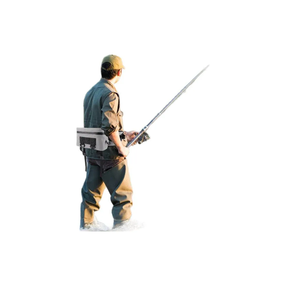 Fishing waist pack worn while casting from the bank