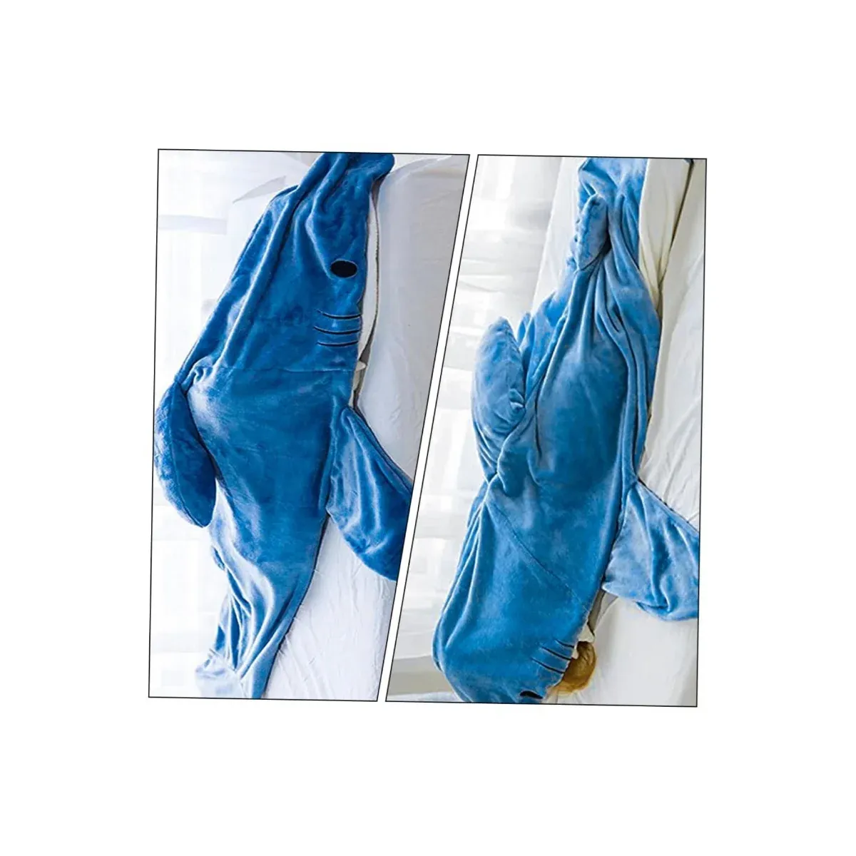 Wearable shark blanket on a bed