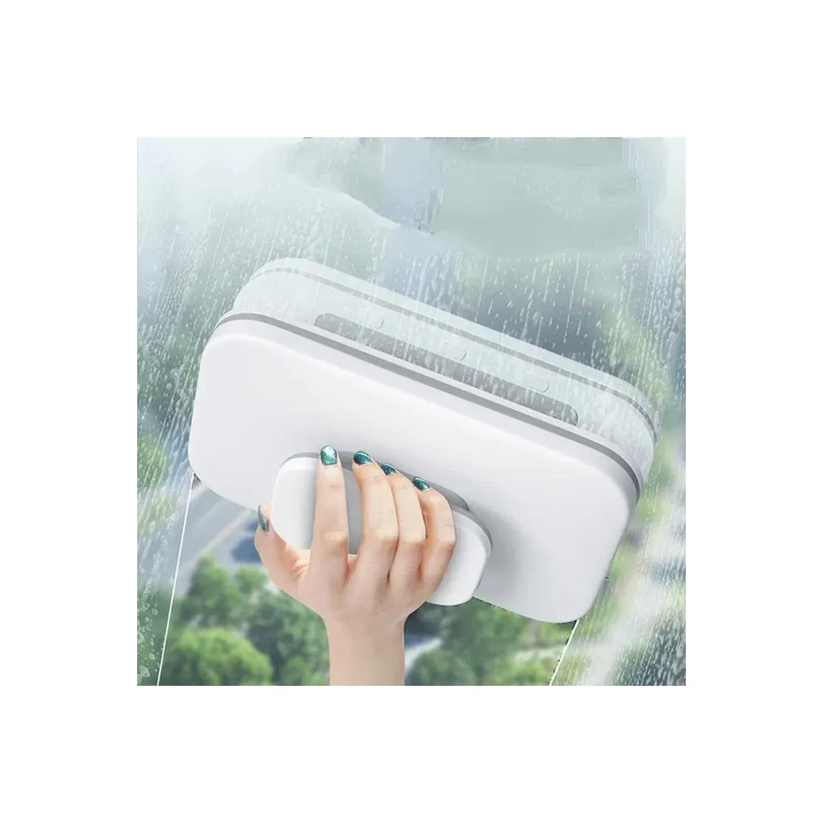 White magnetic window cleaner in use
