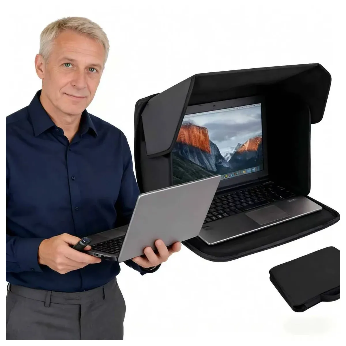 Laptop sun shade hood in use outdoors
