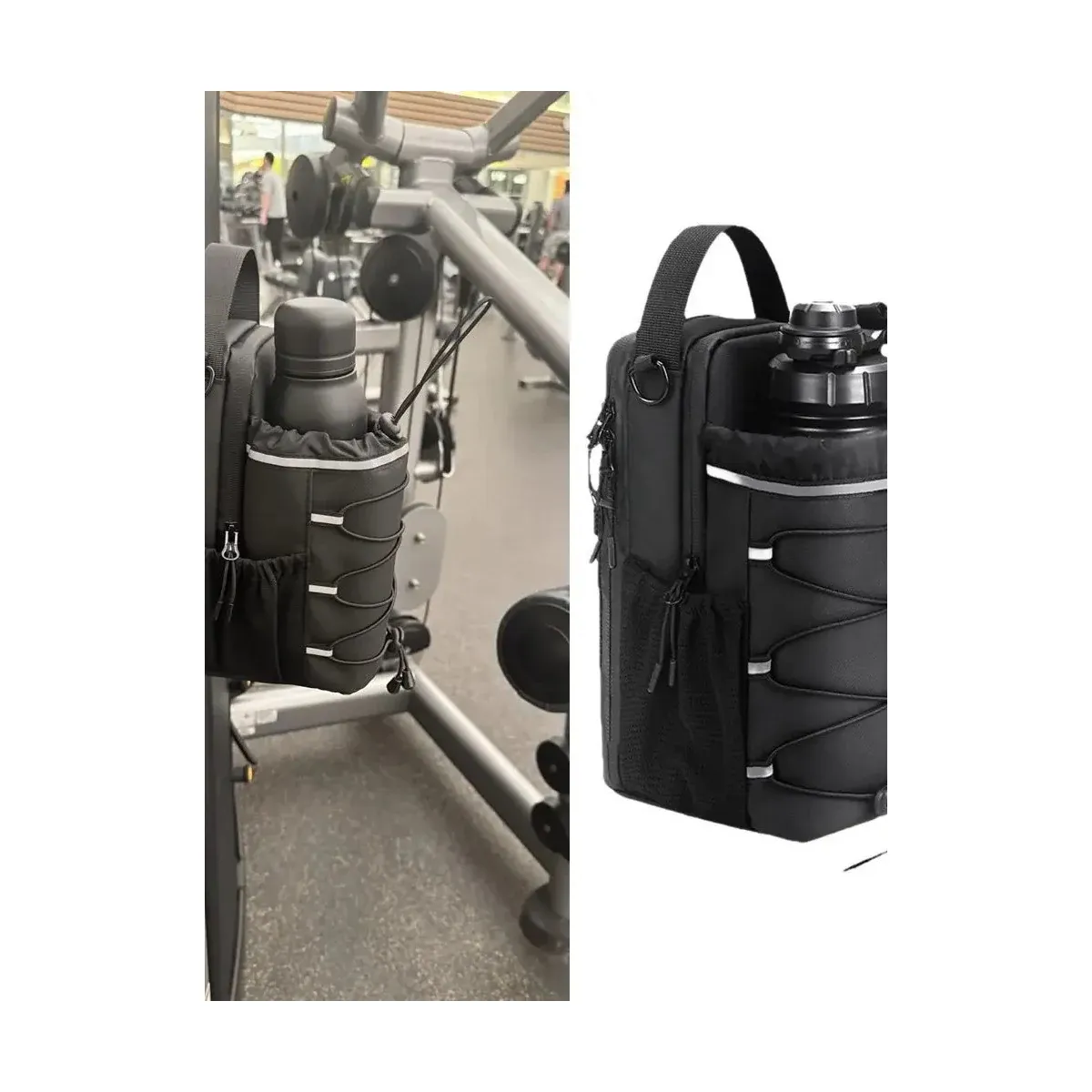 Black magnetic bottle sling on a gym rack