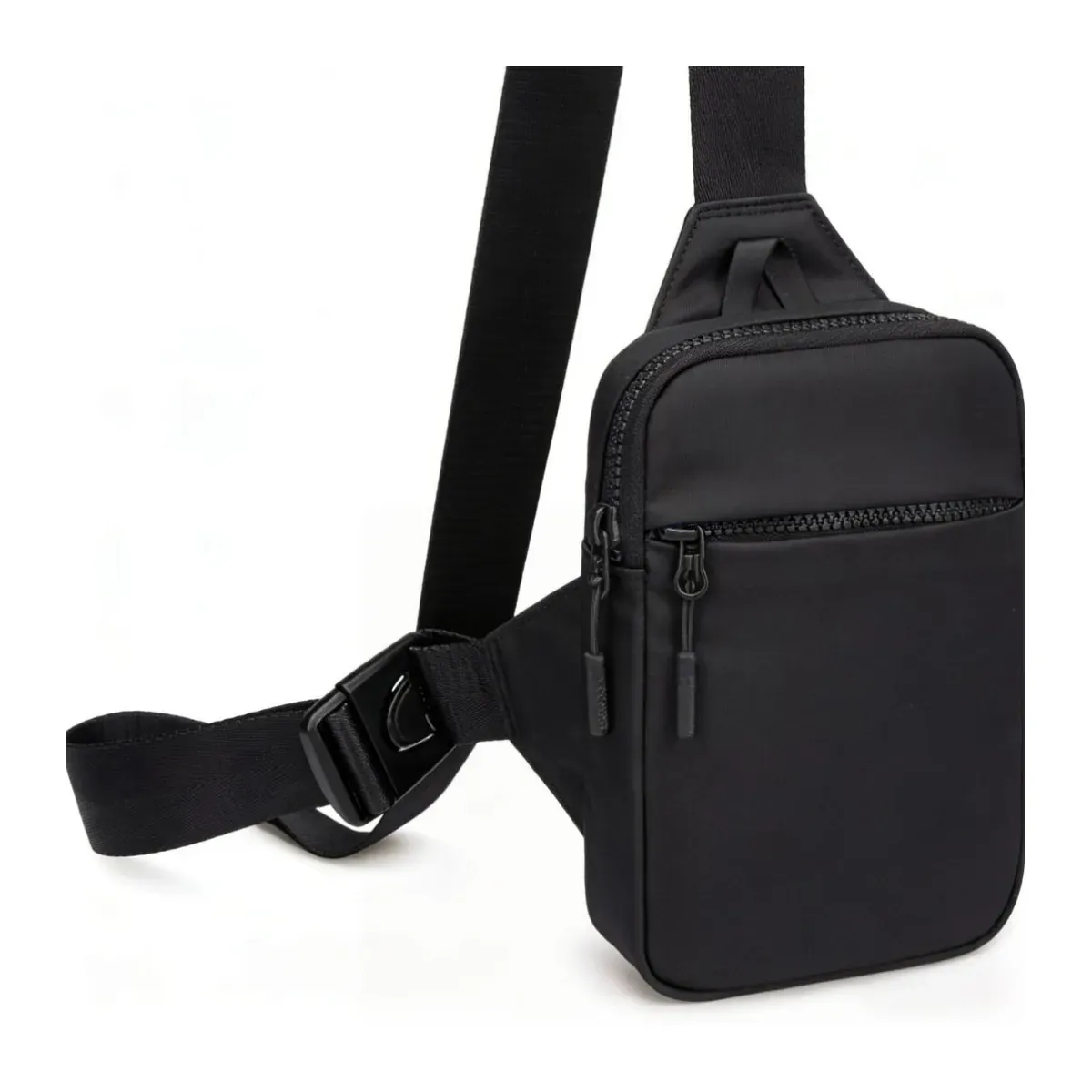 Black crossbody chest bag on white