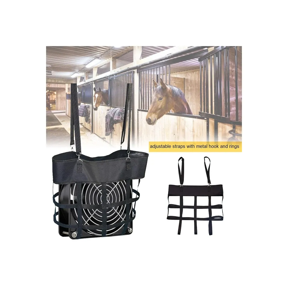 Black horse fan bag hanging in a stable