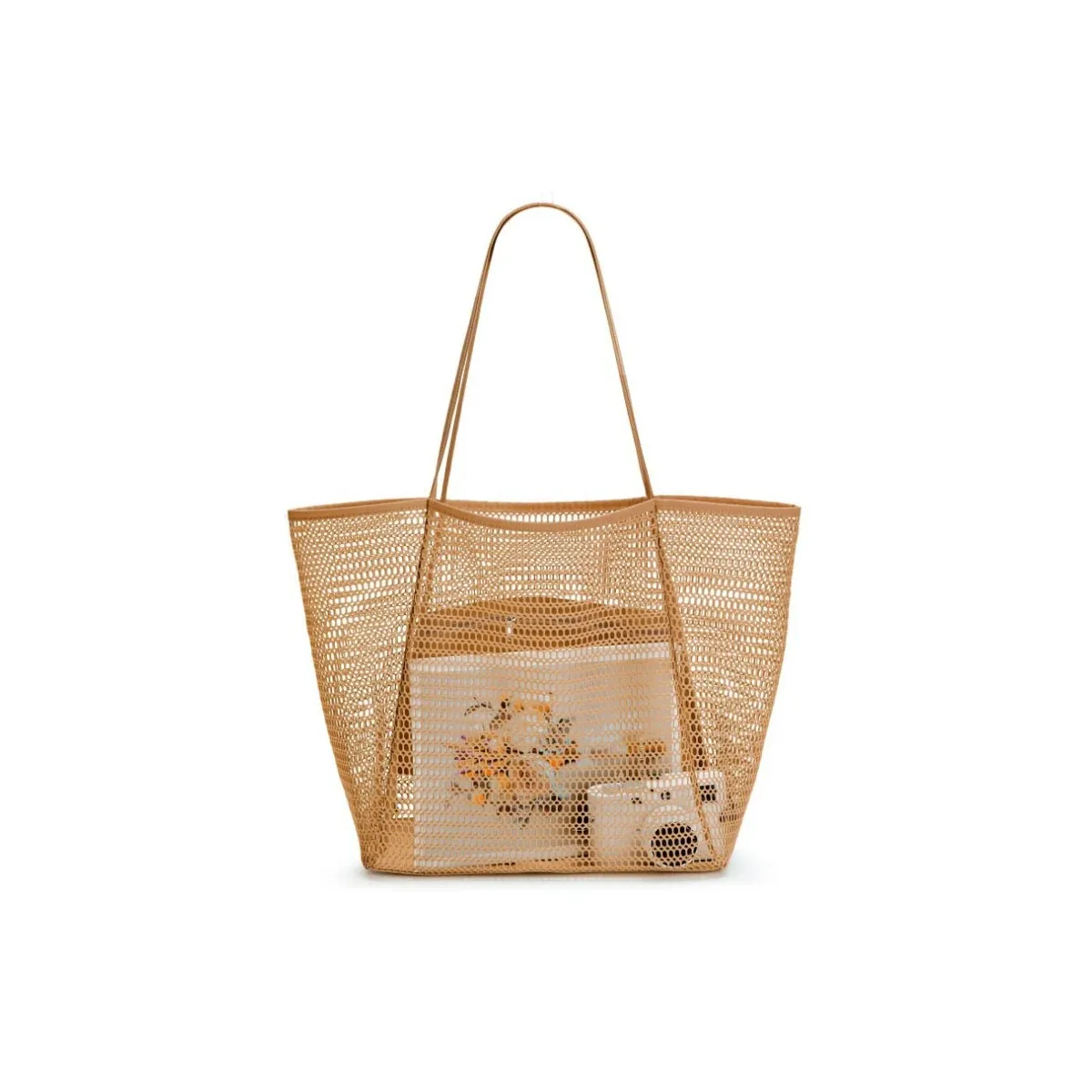 Beige mesh shoulder tote for beach and shower