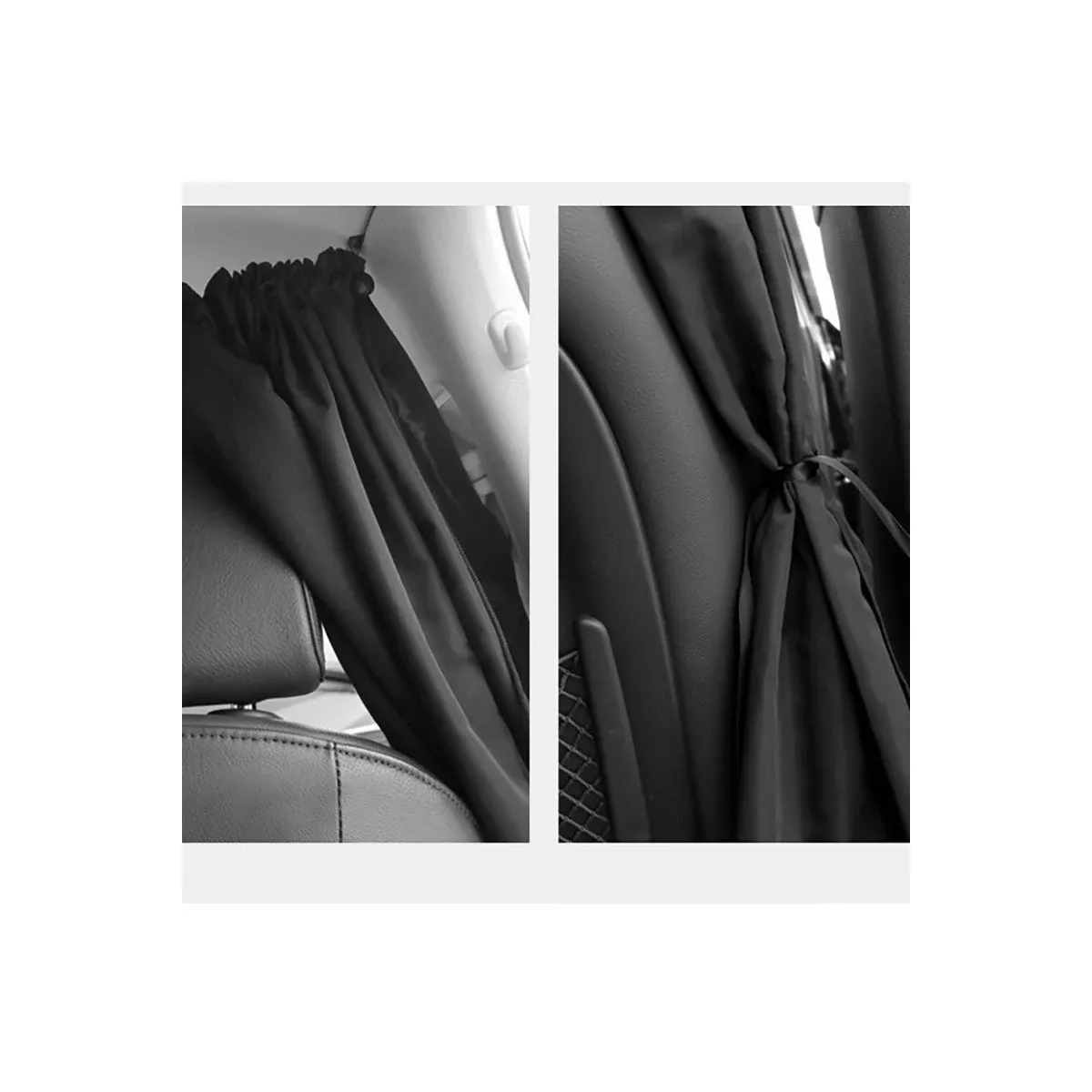 Rear car window with black curtains